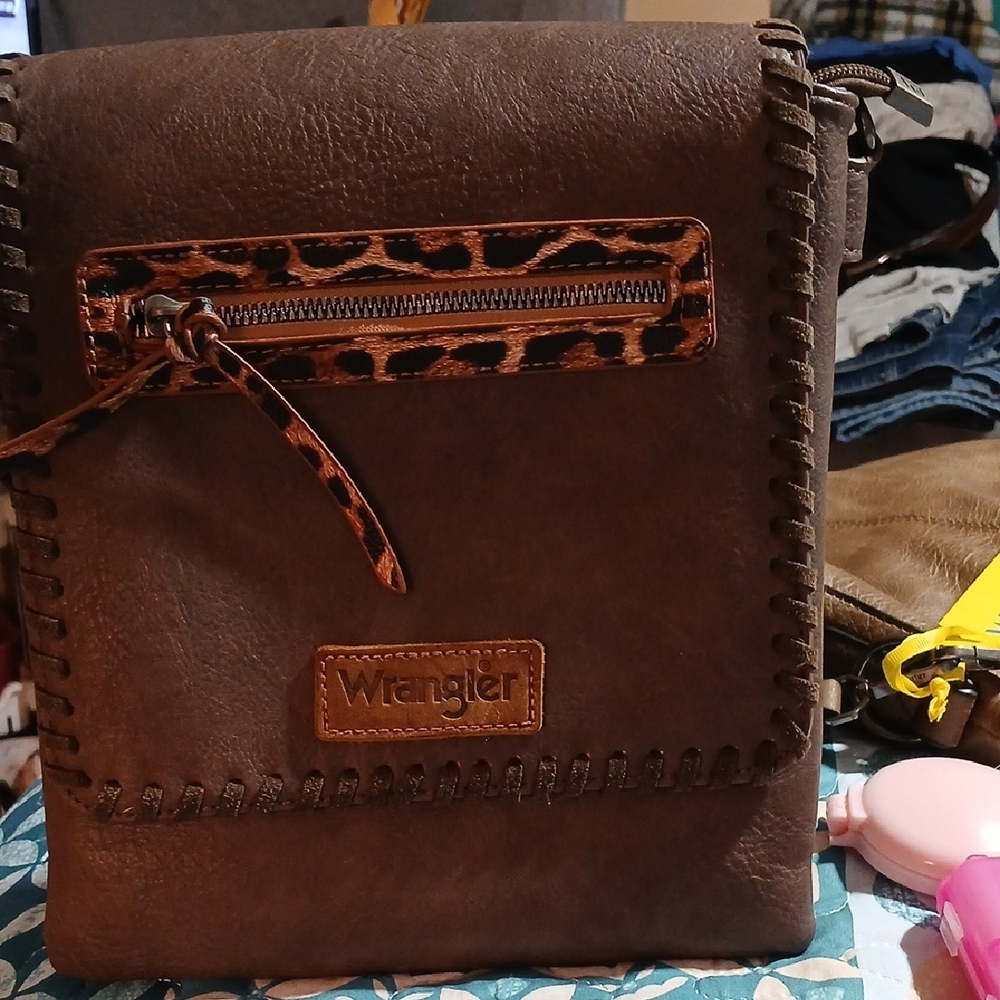 Wrangler Dark Brown Messenger Bag with Leopard Detail